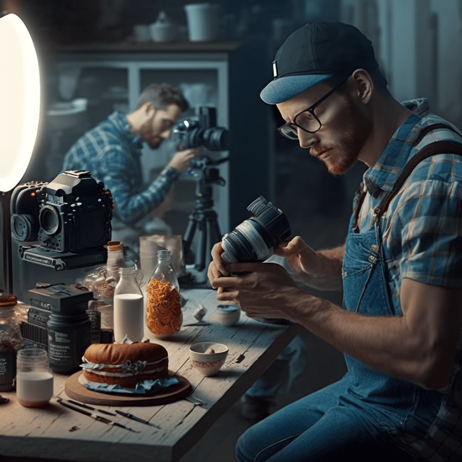 man sitting down taking pictures of food in hopes of growing a commercial video production company