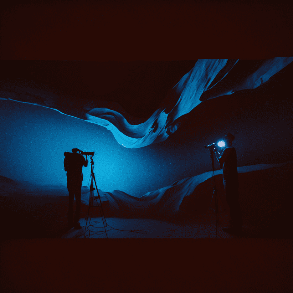 a man in a cave making videos with blue light